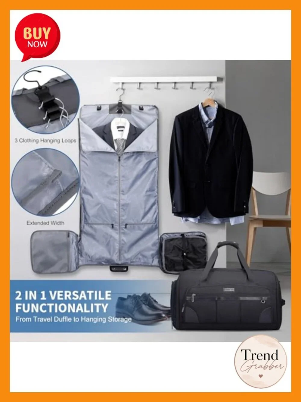 Convertible Garment Duffle Bag 51L Nylon Travel Suit Bag with Shoe Compartment